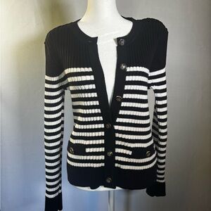 Black & White Striped Ribbed Button Cardigan Sweater Size Large